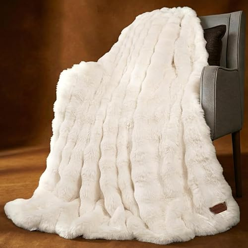 SpottedCozy Luxury Double-Sided Faux Fur Throw Blanket for Couch 50x60, Cozy Fluffy Plush Bubble Fleece Warm and Ultra Soft Thick Blanket for Sofa Bed Living Room Home Decor, Cream White