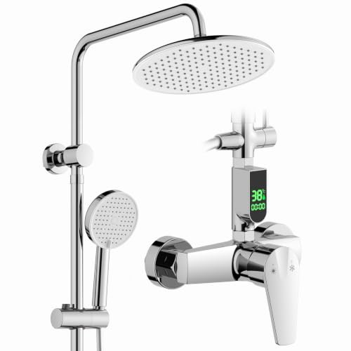 HOMELODY Duschsystem mit Armatur Chrom - Regendusche mit Armatur LED Temperature Display, 25 cm Rund Regendusche, 3 Strahlarten Duschkopf,Duscharmatur Komplettset, Duschset