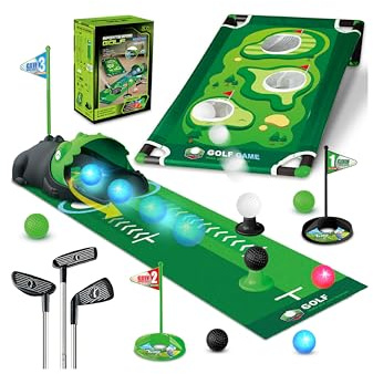 TERRAMUS 3 in 1 Kids Golf Set with Dinosaur Automatic Golf Returner, Golf Cornhole Board, Led Light Up Balls, Putting Mat, 3-8 Toddler Mini Golf Games, Indoor Outdoor Golf Toys Gift for Boys Girls 3+