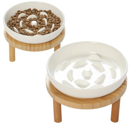 Raised Slow Feeder Cat Bowl, 5.9 Inch Wide Shallow Ceramic Elevated Glass Food Bowl Puzzle Feeders, Anti Vomit Cat Dish, Whisker Friendly Pet Plates Feeding Station for Cats(2 Slow Feeder)