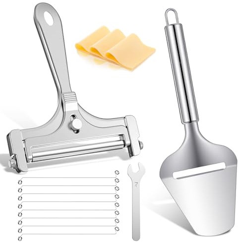 Nogeqi 2 Pcs Wire Cheese Slicer, Adjustable Cheese Cutters for Block Cheese, Stainless Steel Cheese Shaver with 8 Wires for Soft, Semi-Hard, Hard Cheeses Charcuterie Boards & Daily Cooking