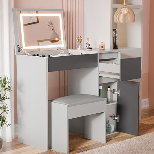 Blisswood Dressing Table with Flip Up Mirror and Led lights, Vanity Makeup Table Drawer Storage Unit Bedroom Dresser Make Up Desk For Living Room, Bedroom Furniture (Light Grey/Dark Grey)