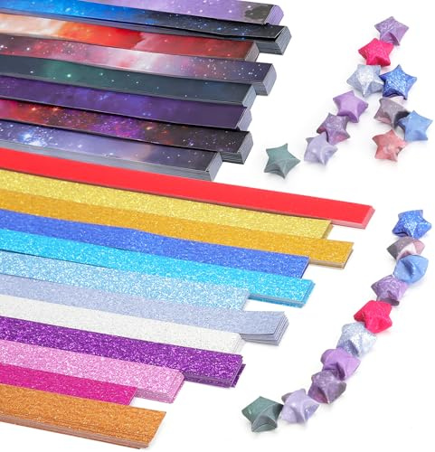 LOLANIUT Juego de 2 tiras de papel de origami, 360 hojas de purpurina, 18 colores y 540 hojas de papel de cielo estrellado, tiras de papel para manualidades, estrellas de la suerte, ideas de regalo y
