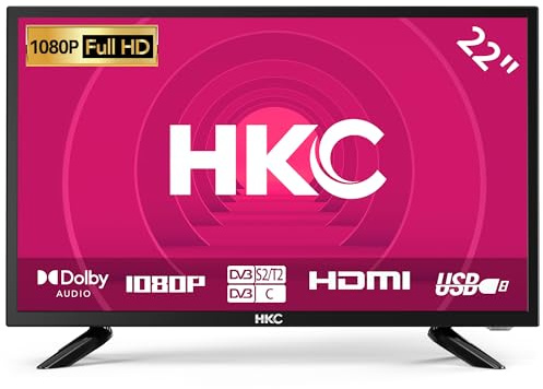 HKC 22 Inch FHD TV, Freeview DVB-T2-C-S2 Dolby Digital Audio, FHD LED Backlighting Display, HDMI VGA PC Audio SCART USB Record Media Player, Small Screen for Small Lounge Kitchen