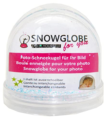 Palla di neve personalizzabile con 2 foto | Base trasparente | 82 x 94 mm | Regalo originale | Sfera agitante Natale, San Valentino, compleanno, matrimonio (glitter pastello)