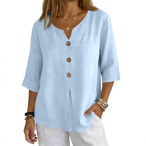 3/4 Length Sleeve Womens Tops Cotton Linen V Neck T Shirts Summer Beach Casual Boho Three Quarter Sleeve Tops