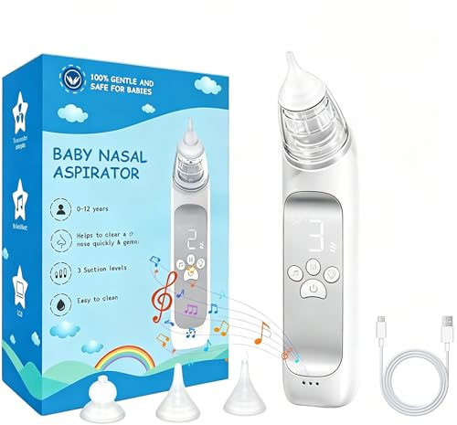 Electric Nasal Aspirator for Baby, Rechargeable Snot Sucker with Soothing Music & Light, 3 Speeds Nose Cleaner for Newborns & Toddlers, 3 Soft Silicone Tips