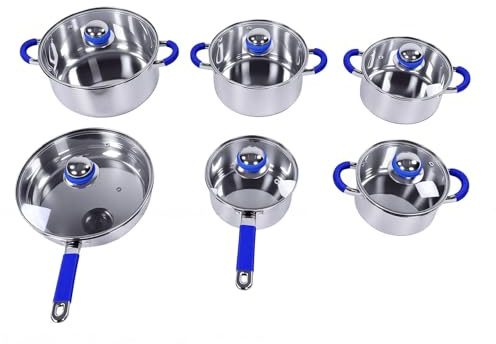 Cryfokt Kökskärl i Rostfritt Stål, Trelagers Förtjockad Botten 16-24 Cm Set med Grytor och Stekpannor, Induktionskokkärl med Glaslock för Gaselektriska Keramiska Spishällar (Blå)