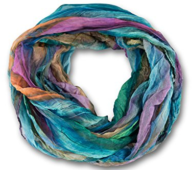 fashionchimp Loop Schlauchschal für Damen mit Feder-Muster in Batik Style, Crash and Crinkle, Seide (Türkis-Bunt)
