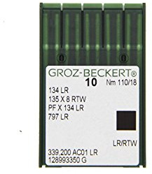 Groz-Beckert Lot de 10 aiguilles à coudre pour cuir 134 LR avec piston rond et pointe de coupe pour machines à coudre industrielles (Nm. 110/18)