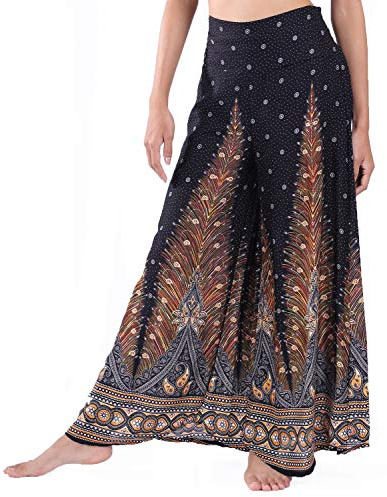 Lofbaz Women's Extra Wide Leg Palazzo Pants Yoga Lounge Hippie Harem Flowy Trousers Ethnic Tribal Elastic Waist Loose Indian Vintage 60s 70s Slacks - Peacock 1 Black and Gold - L
