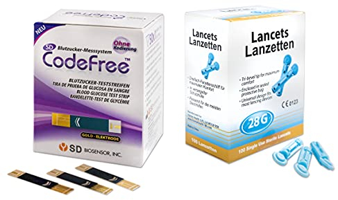 SD CodeFree Blutzuckerteststreifen Vorteilspack - 100 Stück Diabetes-Tests zur Kontrolle bei Blutzucker (Zuckerkrankheit) + 50 Blutlanzetten Gr.28G
