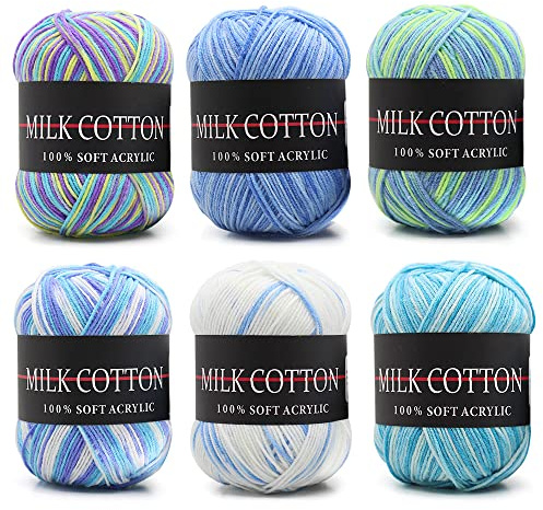 Crochet Knitting Yarn - 6 × 50g Multi-Colored Cotton Yarn, Assorted Colors for Knitting Double Knitting Acrylic Yarn for Hand Knitting Yarn Weaving Yarn Crochet Thread (Blue)