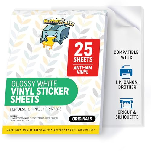 Glossy Printable Vinyl Sticker Paper Waterproof 25 Sheets 8.5x11, Inkjet Printer (HP, Canon, Brother Printers Compatible) - Weatherproof White Sticker Sheets - Strong Adhesive