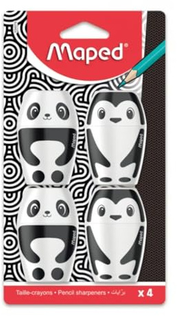 Maped - Set di 4 matite Shakky Pinguino e Panda - Temperamatite con riserva e 1 foro per matite standard - Facile da usare