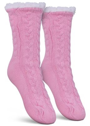 Bestlivings Haussocken Damen mit Teddyfutter - Hüttensocken mit Anti-Rutsch-Sohle - ABS Norweger Socken Zopfmuster - Kuschelsocken Einheitsgröße Stopper (Rosa (1 Paar))