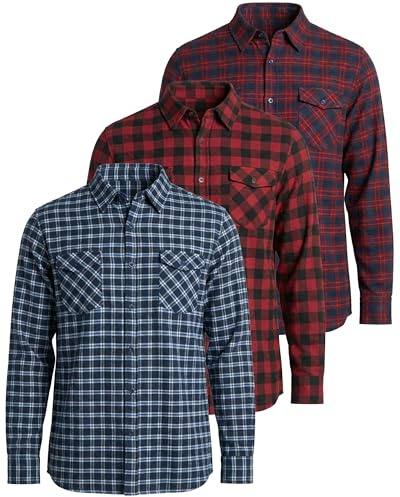 Real Essentials 3er Pack: Herren Langarm Flanell Button Down Plaid Freizeithemd (erhältlich in Big & Tall), Set 5, XX-Large