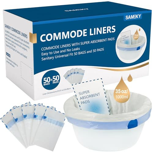 Sameky Commode Liners with Absorbent Pads | Value Pack 50 Count Universal Fit | Bedside Commode Liners Disposable and Pads for Adult Commode Chairs(50Bags + 50Pads)