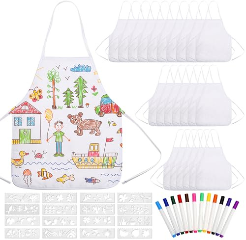 Pllieay 52 PCS DIY Kid Aprons, Toddler Apron White Aprons for Kids with Colored Pen and Journal Stencils for Painting, Kitchen, Cooking