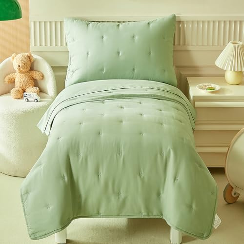 DuShow Green 4 Piece Toddler Bedding Set for Boys Girls,Embroidery Microfiber Crib Bed Sheets Set Soft Boho Comforter Set Bed in a Bag,Include Quilted Comforter,Flat Sheet,Fitted Sheet,Pillowcase