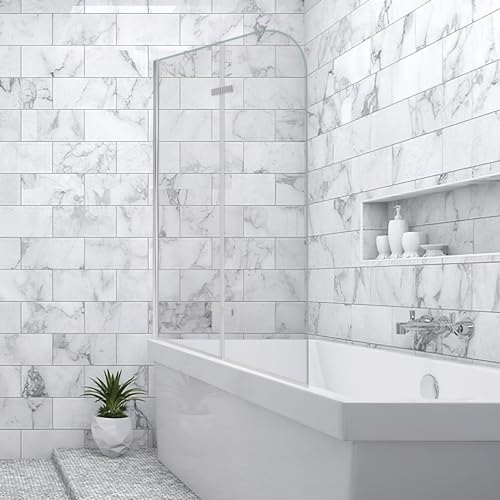 Jiubiaz Duschwand für Badewanne 100x140cm, 2 Teilige Faltbare Glas Duschtrennwand aus 6mm Sicherheitsglas (EGS), Badewannenaufsatz, Silber Transparent