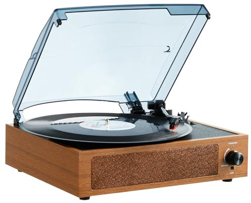 VEVOR Platine Vinyle 3 Vitesses Tourne-Disque entraînement par Courroie, Haut-parleurs intégrés 3 W, Cartouche magnétique, 33/45/78 TR/Min Bluetooth Aux Sortie RCA, pour disques vinyles 18/25/30 cm