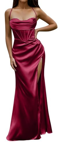 Generisch Abito estivo da donna, abito da cocktail, corsetto sexy, maxi abito in seta, con push up e fischietto increspato, da sera, da donna, estivo, elegante, stretto con spacco, Colore: rosso, S