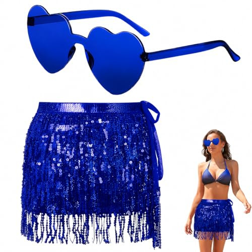 Falda de Lentejuelas para Danza con Borlas Disfraz Brillante y Elegante para Mujer - Falda de Lentejuelas con Flecos para Danza del Vientre, Disfraz de India - Incluye Gafas de Sol en Forma de Corazón