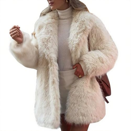Flygo Womens Long Faux Fur Coats Fluffy Faux Fur Jacket Long Sleeve Lapel Furry Coats Fuzzy Winter Jacket(Beige-L)