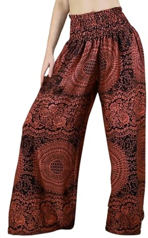 Boho Pants Palazzo Pants for Women with Pockets| Wide Leg high Waisted Flowy Pants for Women | Summer, Cruise, Vacation, Mandala Orange, M/XL