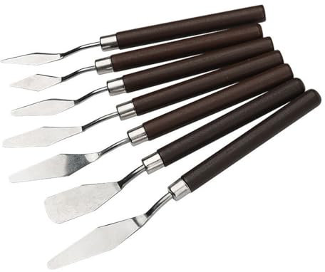 Set di 7 spatole in acciaio inox con manico in legno, raschietto per pittura a olio, miscelazione di colori
