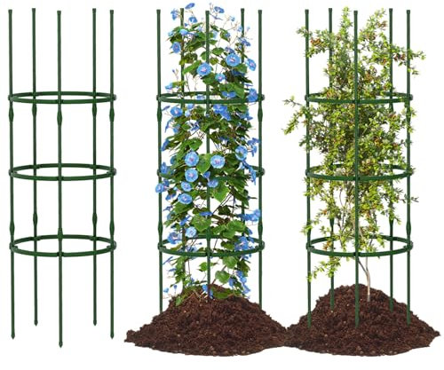 TANGZON 3 Pack Tomato Cage, 153 cm Adjustable Plant Trellis with PE-coated Metal Frame, 20 Plant Clips & 50 Plant Ties, Vertical Climbing Plants Support Stake for Vegetables Flowers