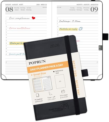 POPRUN Agenda de poche 2026 Journalier 16 x 10,5 cm - Couverture Souple en PU Cuir, 1 Page par Jour A6 petite Planner, D'Jan 2026 à Déc 2026, Signet à 2 rubans, Papier 70 g/m², Noir