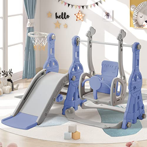 Set da parco giochi per bambini autoportante 4 in 1,Toddler Climber Swing Set,scivolo giocattolo con scaletta, altalena e cestino da basket, per ambienti interni ed esterni (Blu)