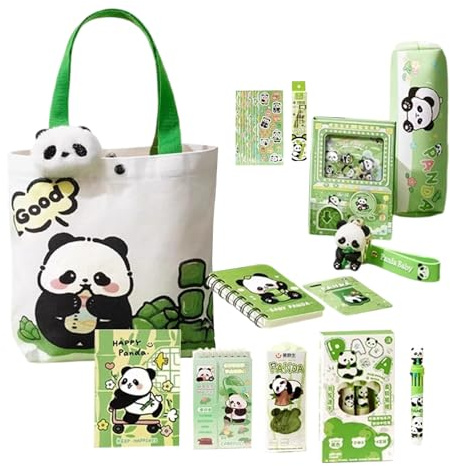 Tktouci sött set – panda pennväska med magnetiskt bokmärke och klistermärken, bärbar canvasväska för pojkar studenter barn organisation högskola klassrum arbetsrum