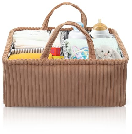 lelewangluo Organiseur de table à langer pour bébé - Panier à langer avec compartiments et poignées - Panier à langer en velours côtelé - Cadeau de fête prénatale (marron foncé)