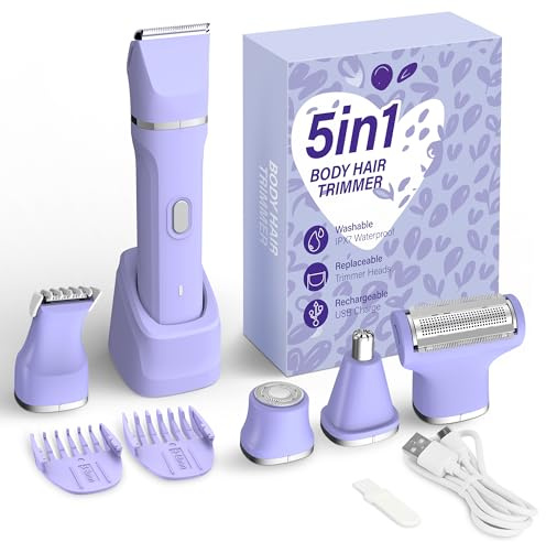 KINGTEE 5-in-1 Electric Bikini Trimmer for Women – IPX7 Waterproof Shaver, Cordless Body & Facial Razors for Women, Ceramic Blades, USB-C Rechargeable, Painless Hair Removal Kit (Purple)