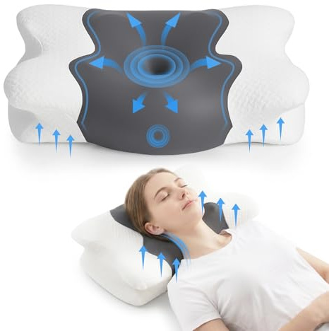 COSYLAND Almohada Cervicales y Cuello - Espuma Viscoelástica, Diseño Mariposa con Soporte Ergonómico y Transpirable, para Dormir de Lado, Boca Arriba y Boca Abajo, 60 x 40 x 10/13 cm, Gris Oscuro
