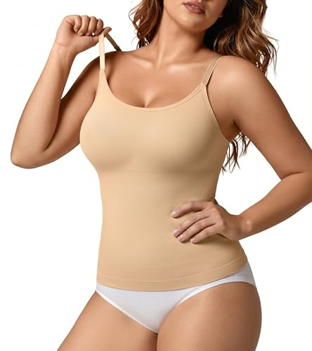 SHARICCA Cami Tank Top for Women Compression Tummy Control & Back Support Shapewear Top Basic Scoop Neck Shaping Vest Seamless Slimming Camisole with Spaghetti Straps