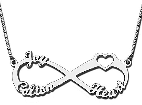 Bo&Pao Infinity Namenskette Silber Sterling 925 mit Zwei/DREI Wunschnamen und EIN kleines Herz