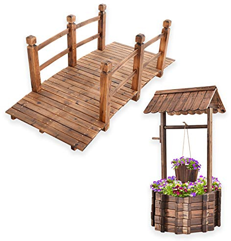 S AFSTAR Wooden Garden Bridge, 5FT Stain Finished Arch Footbridge with Safety Rails for Garden Patio Yard, Outdoor Pond Bridge & Wishing Well Planter Set