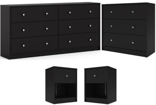 Home Square 4-Pc Scandinavian Design Bedroom Furniture Set with 3-Drawer Chest, 6-Drawer Double Dresser & Two 1-Drawer Nightstands, Plastic Pewter Handles and Smooth Glides, in Black