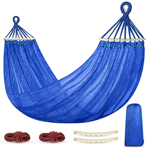 Outdoor Hammock, Super Soft and Breathable Mesh Hammock Made of Cool Nylon with Wooden Bars for Indoor, Balcony, Terrace, Garden, Camping, Backpacking
