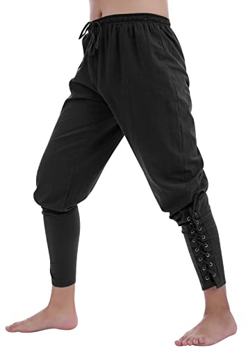 Odizli Pantalon médiéval en lin pour homme, style gothique, steampunk, victorien, Halloween, carnaval, cosplay, Noir , L