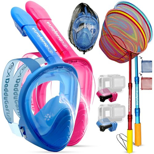 DaddyGoFish Kinder-Schnorchelmaske | Snorkle Schnorchelausrüstung mit Kamerahalterung | Ausziehbares Teleskop-Kescher- und Schnorchelmasken-Kombi-Set, beschlagfrei und auslaufsicher