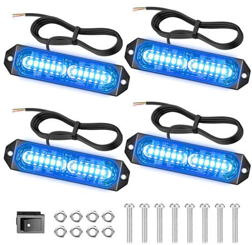 Dinfu 4 x 12 LED Blå Blinkande 12V 48W Polisblinkande Med 21 Lägen Strobe IP67 Ficklampa för Bil Lastbil Traktor Ljusstång