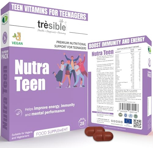 Tresible Teen Vitamins for Teenagers Boys and Girls 12-18 Years (1 Month Supply) - 25 Essential Multivitamins Vegetarian Tablets with Iron, Zinc, Folic Acid and Omega 3 - Unflavoured Teen Boy Vitamins