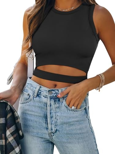 ANRABESS Women Tank Tops High Neck Sleeveless Sexy Cutout Racer Back Going Out Crop Tops Shirts Summer Y2K Outfits Black X-Small