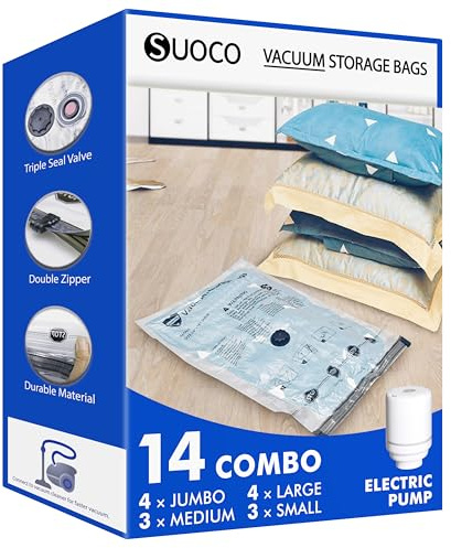 SUOCO 14 Combo Vacuum Storage Bags with Electric Pump, (4 Jumbo, 4 Large, 3 Medium, 3 Small) Travel Clothes Space Saver Bags, Compression Airtight Seal Bags for Clothing, Pillows, Comforters, Blankets