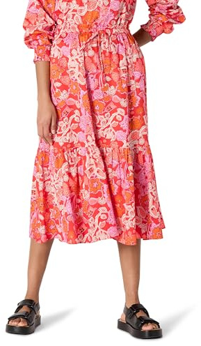 Amazon Essentials Jupe Mi-Longue Trapèze Étagée, Taille Mi-Haute, en Satin de Coton (Haut Vendu Séparément) Femme, Rouge Coquelicot Vif Multi Folk Floral, XL